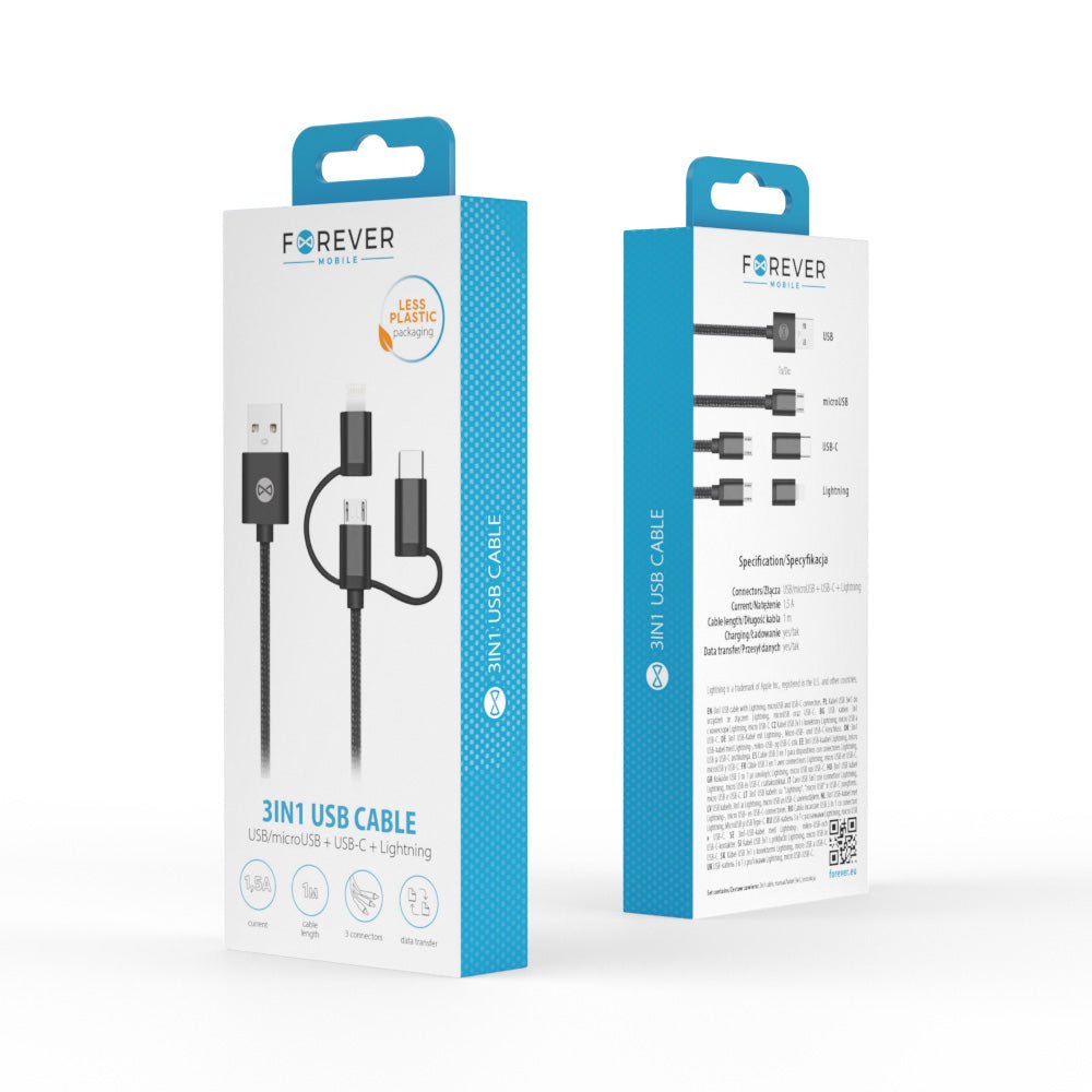 Forever 3in1 cable USB - Lightning + USB - C + microUSB 1,0 m 1,5A black - LCDEAL