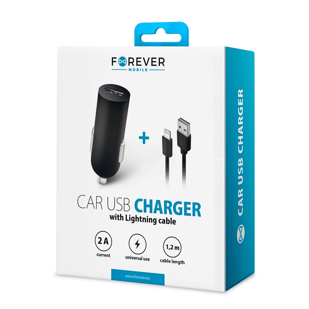 Forever M02 car charger 1x USB 2A black + Lightning cable - LCDEAL